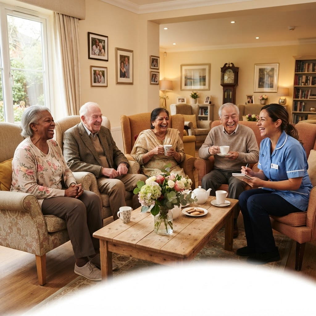 A multicultural group of elderly residents laughing together with a caregiver in a cozy care home lounge